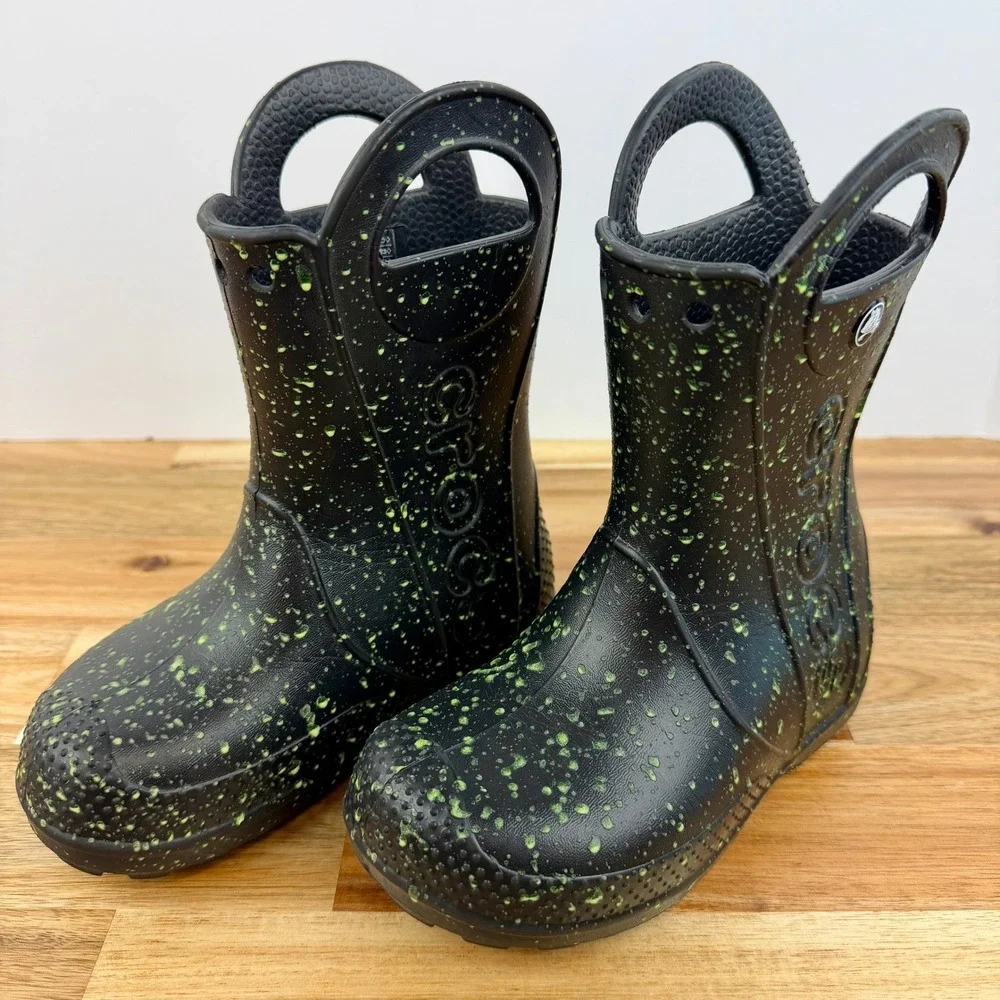 Crocs Kids Handle It Rain Boots Black Neon Green Splatter Waterproof Size C10